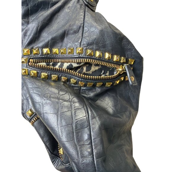 Betsey Johnson Studded Leather Hobo Bag Tassel Accent & Leopard Print Lining - Picture 5 of 9